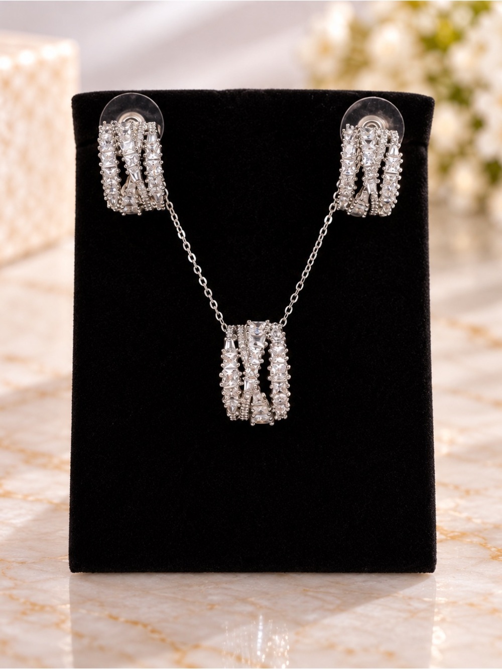 Multi Row CZ Criss Cross Pendant Necklace Earrings Set 18K White Gold Plated 18”